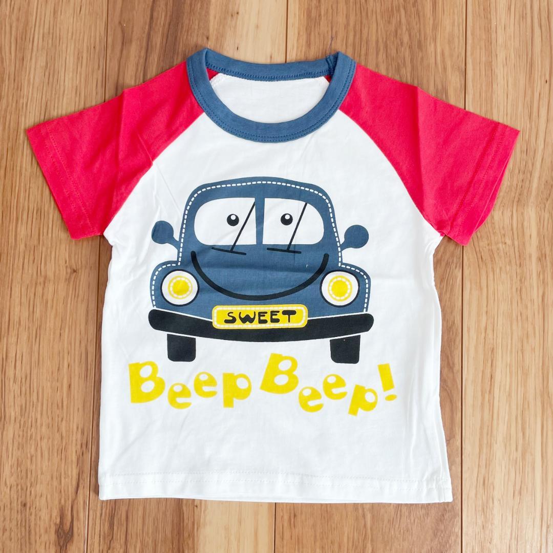 【子供服】のりものTシャツ　110　働く車　イラスト　Tシャツ　外遊び　赤青