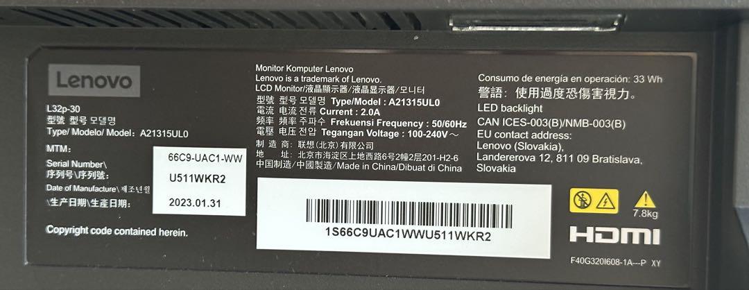 L32p-30 Lenovo 4K 32インチモニター IPS液晶