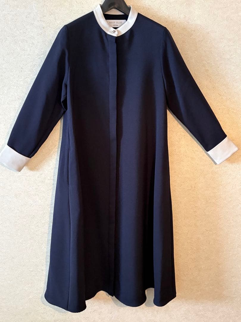 SHIPS ダブルクロスNAVY BLUE AラインシャツワンピースM SHIPS any