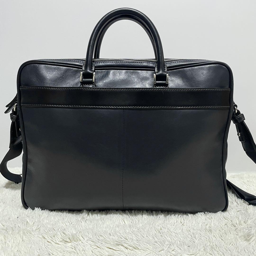 【美品】ランバンコレクション レザー 2way ブリーフケース ロゴ 紺×黒