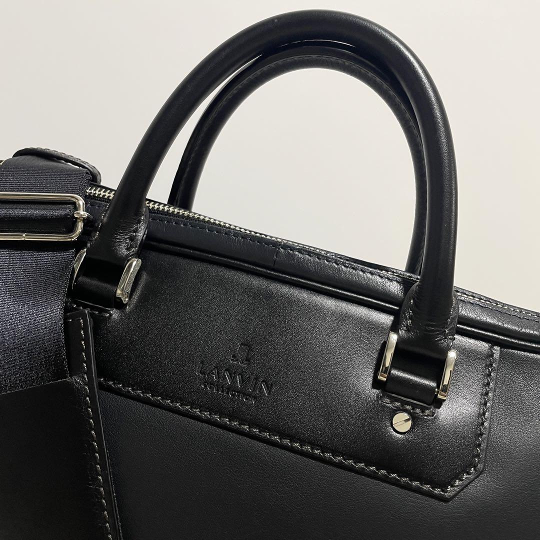 【美品】ランバンコレクション レザー 2way ブリーフケース ロゴ 紺×黒