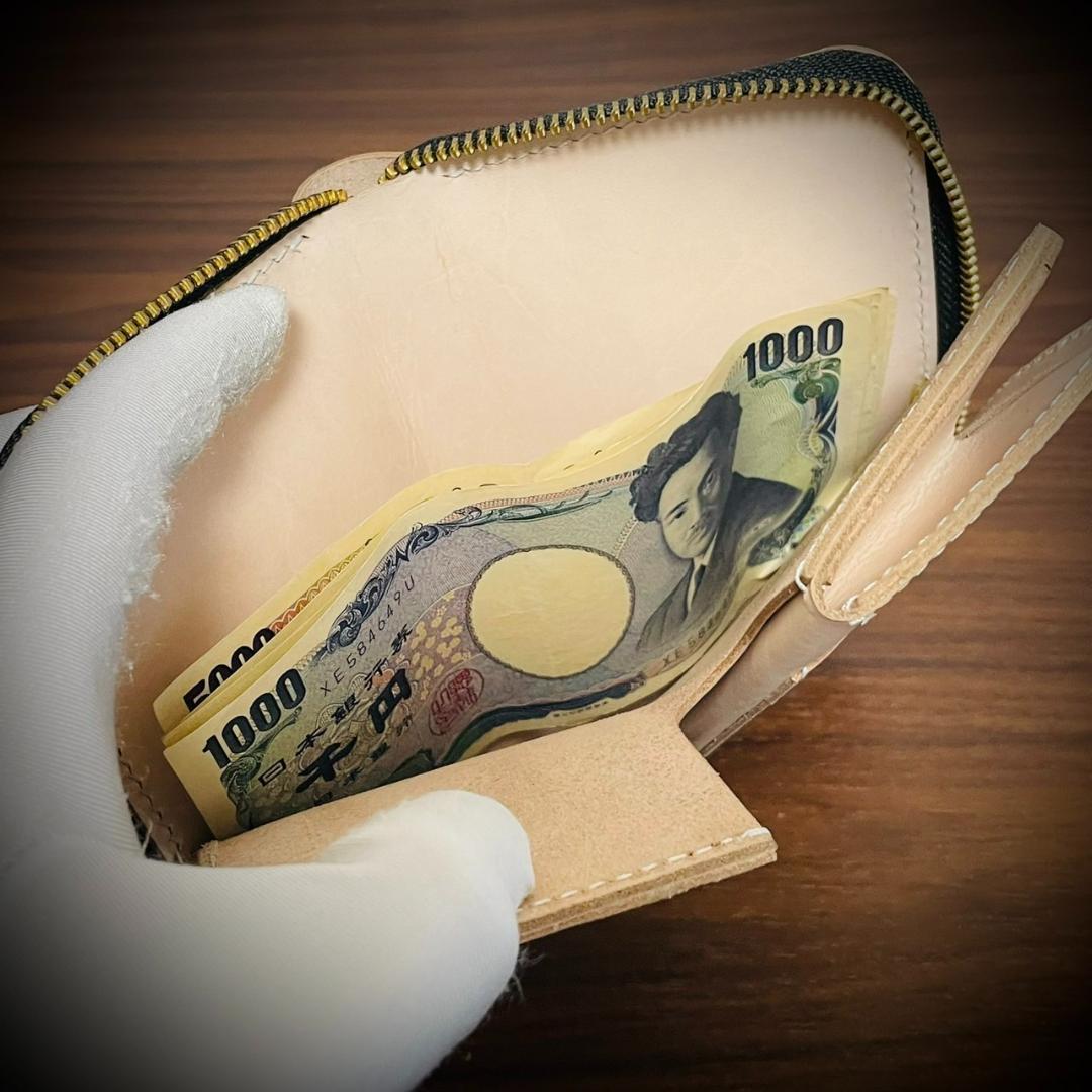 総手縫い ラウンドジップ ミドルウォレット 本革 牛革 ヌメ革