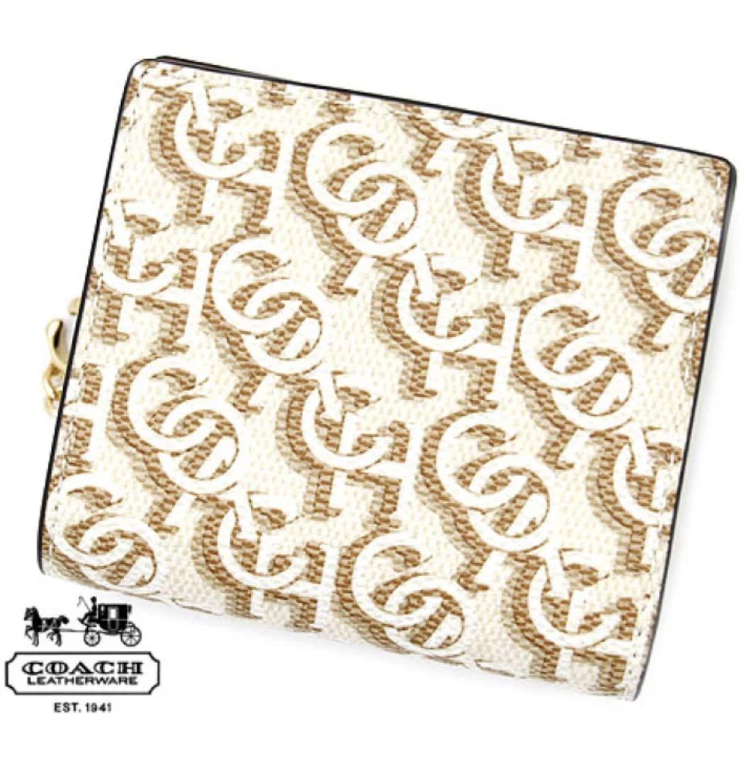 COACH 二つ折り財布 ホワイト ゴールド シグネチャーモノグラム【美品】