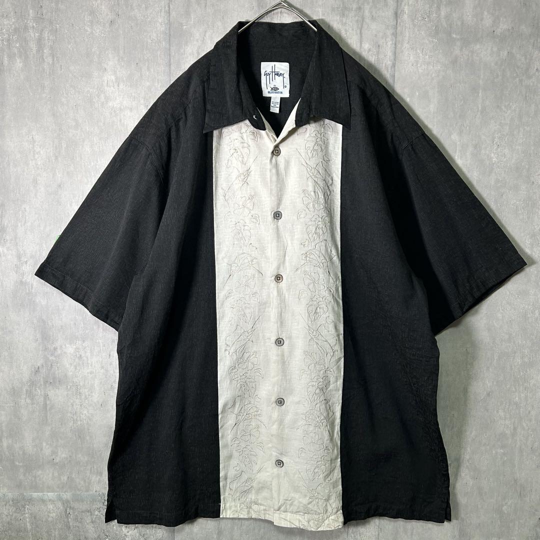 レーヨン 刺繍 キューバシャツ 黒 白 ヴィンテージ XXL