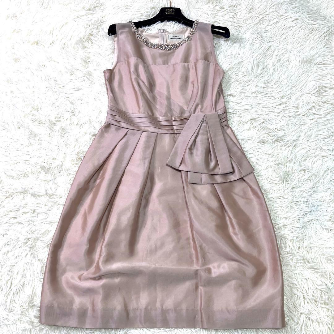 美品　グレースコンチネンタル　ベージュ　ノースリーブ　ワンピース　ビジュ　M