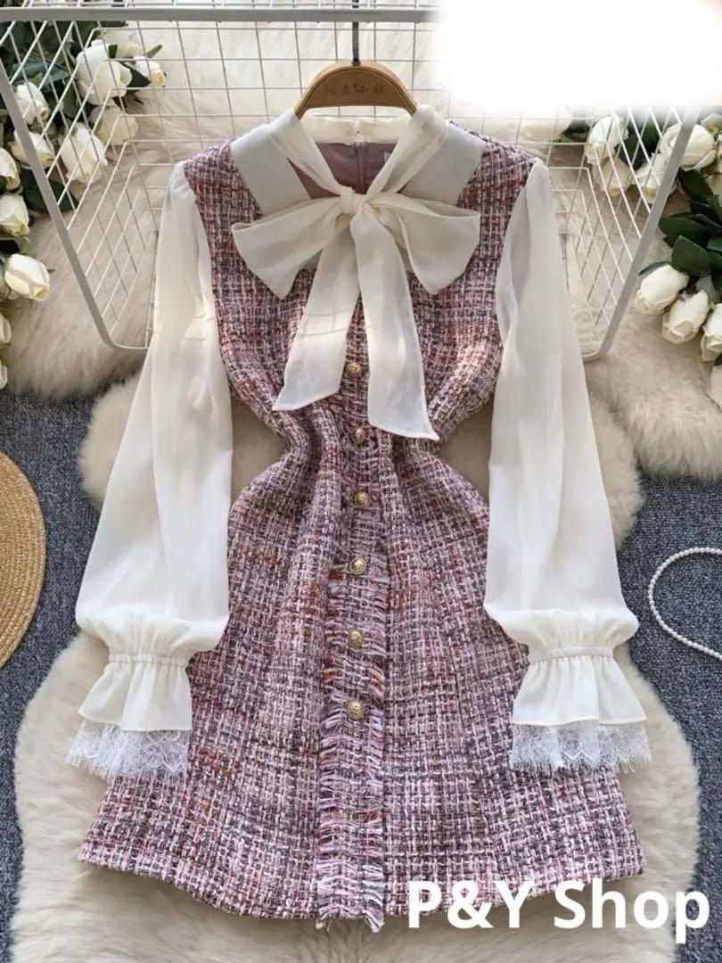 春秋コーデ❤️ひざ丈ワンピース　レディース　ボウタイネック　長袖　可愛い