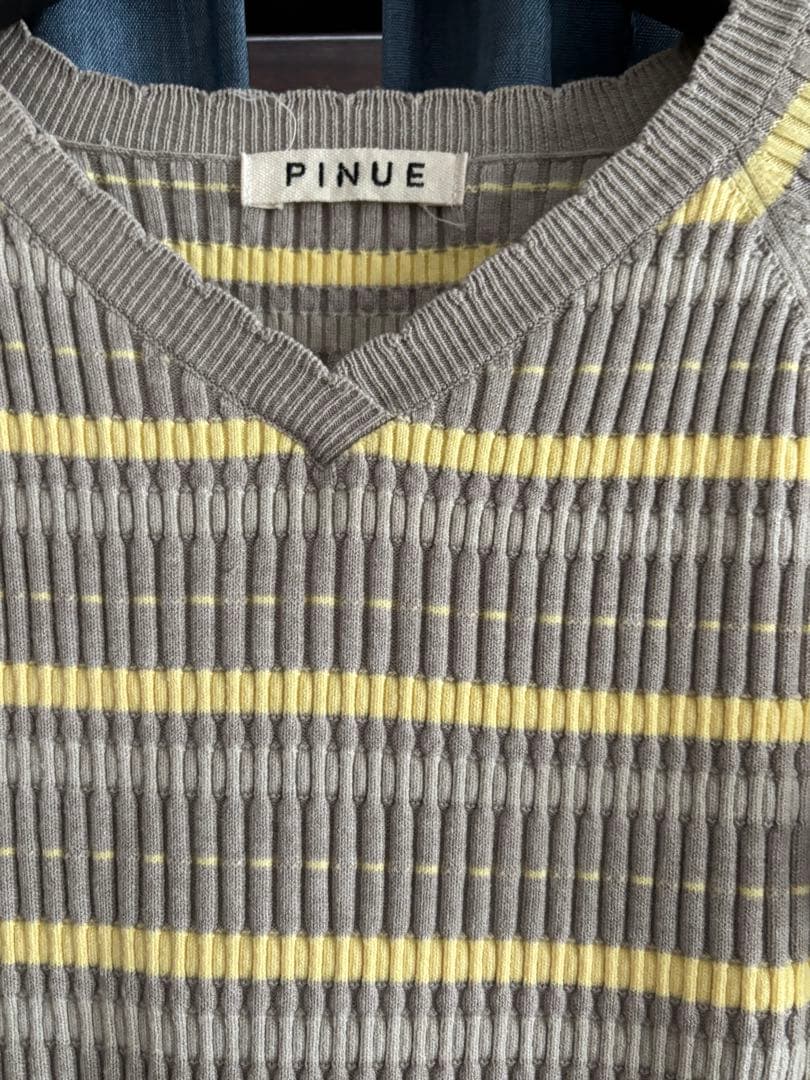 pinue ストライプ柄 長袖ニットワンピース gray yellow m