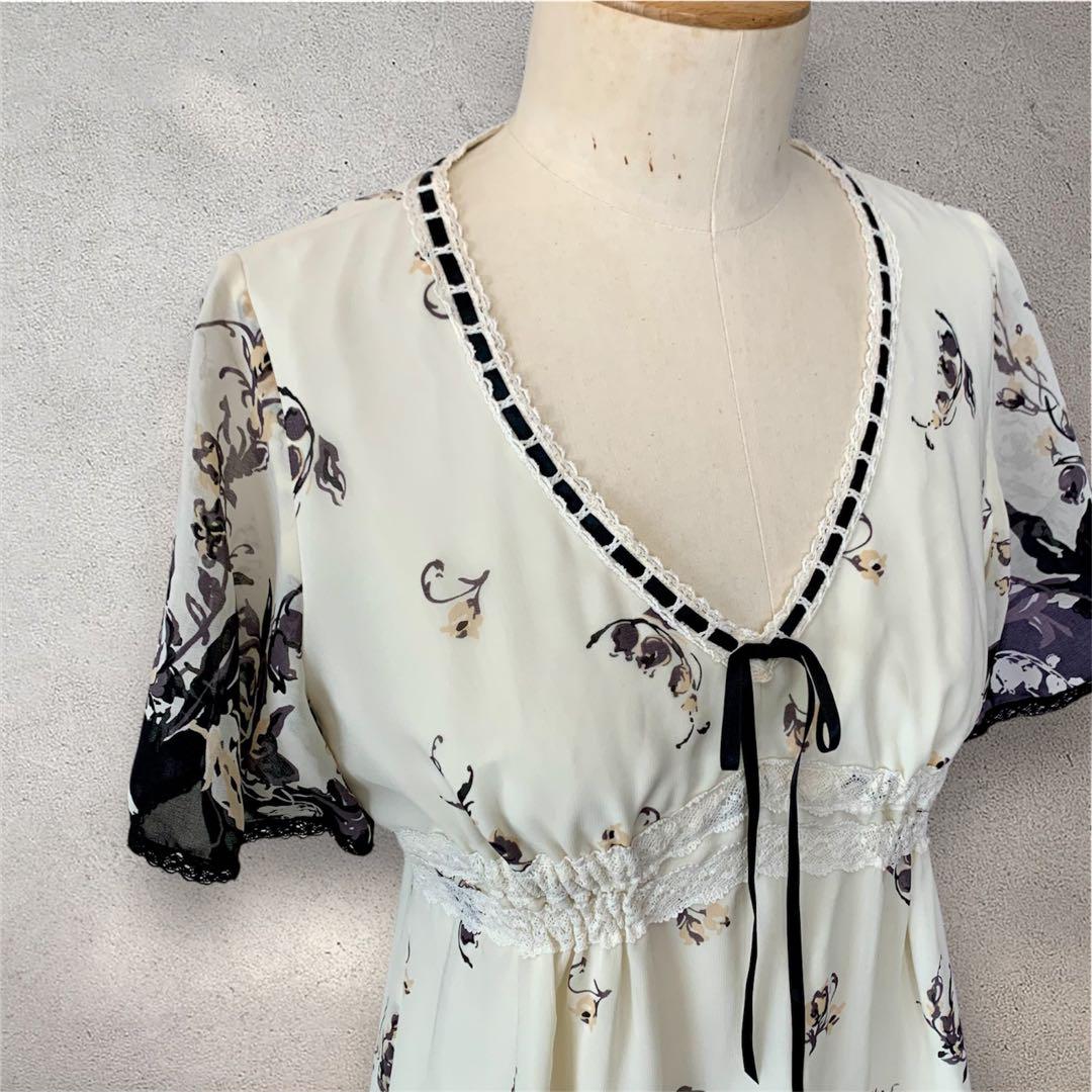 極美品 INGEBORG インゲボルグ 花柄シフォン膝丈ワンピース