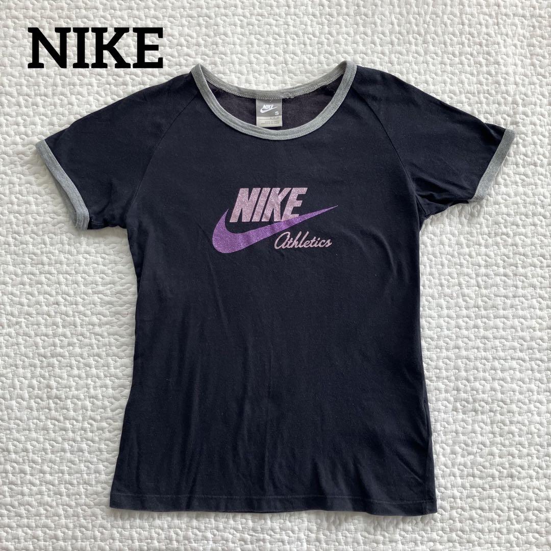 人気黒タグ ナイキ 刺繍ロゴ リンガーT Tシャツ L 紺