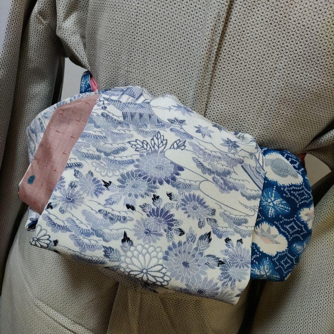 大人の兵児帯ハンドメイド澪No1978着物リメイク花柄 青 白