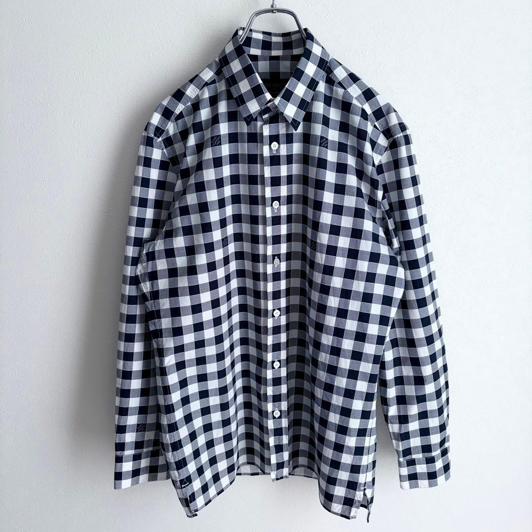 ルイヴィトン 長袖シャツ ダミエ総柄 M メンズ 黒紺M LOUIS VUITTON