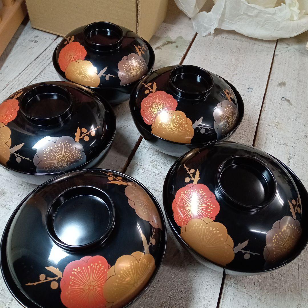 №7 美品　八重梅　仙方丸　木乾漆　蓋付き汁碗5客