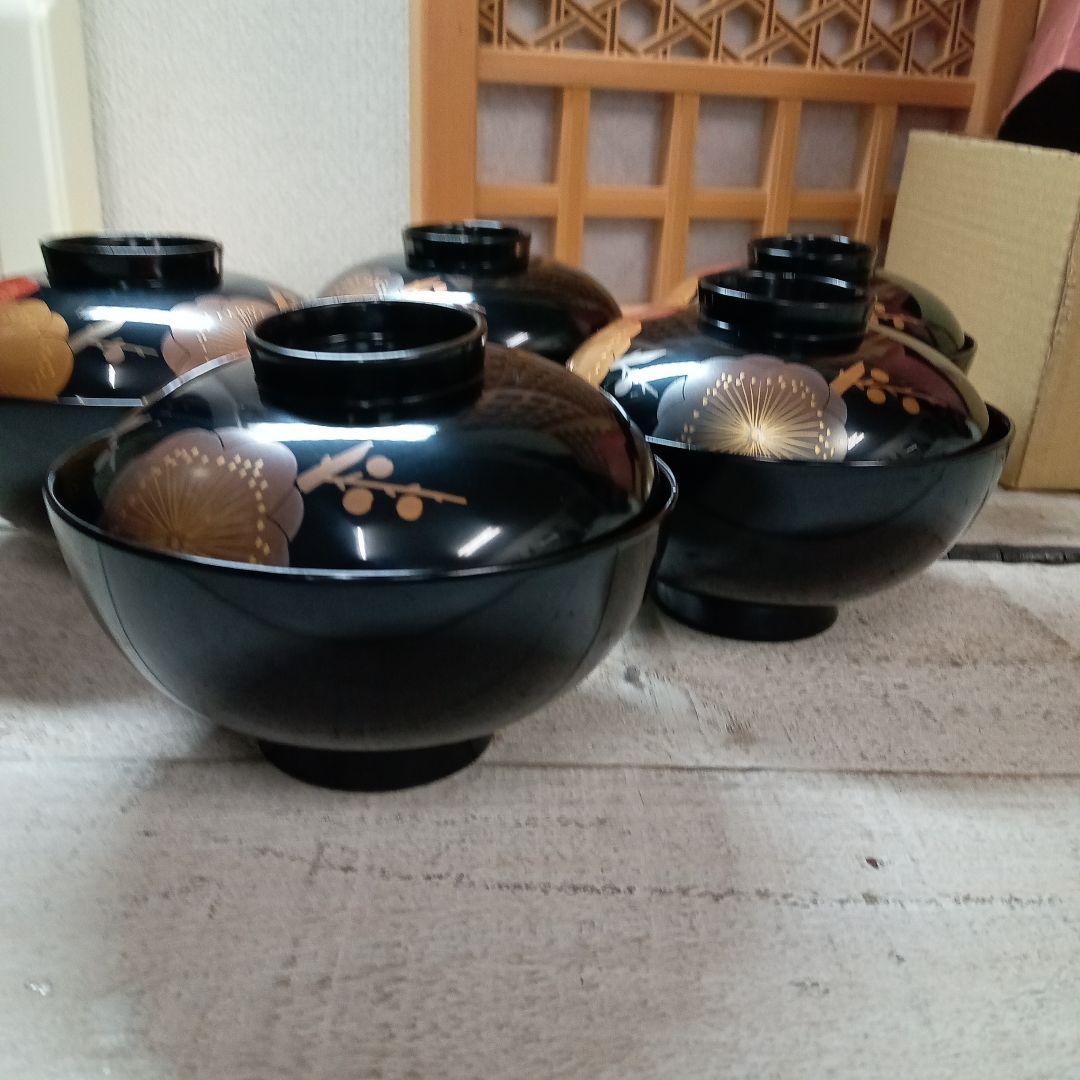 №7 美品　八重梅　仙方丸　木乾漆　蓋付き汁碗5客