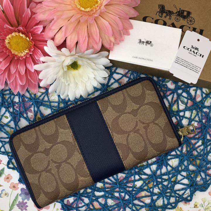 最新品在庫 COACH ネイビー ブラウン rSfnL-m98813693855 長財布 シグネチャー 新品低価