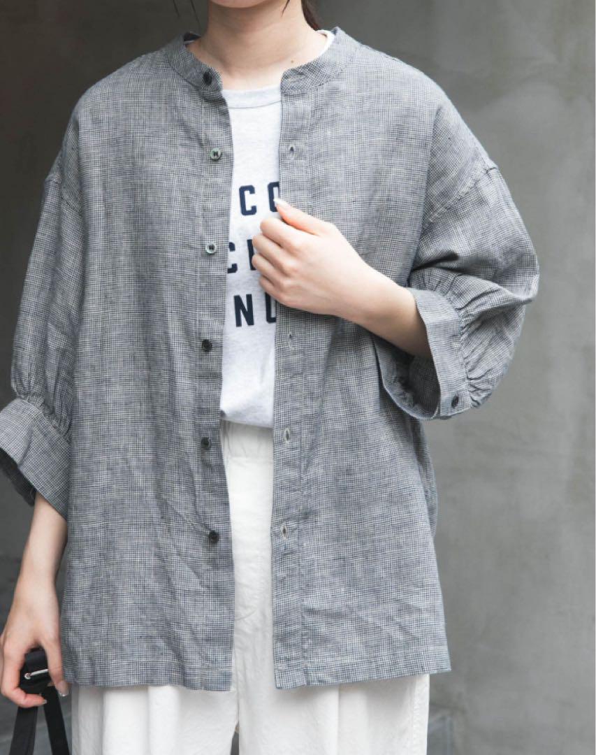 FORK&SPOON　コットンリネンギャザースリーブシャツ　BLACK CHK