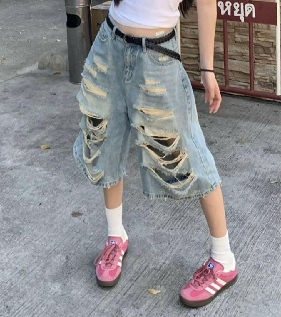 【Y2K】AtomicBoom 25ss ハイダメージブルーデニムハーフショーツ