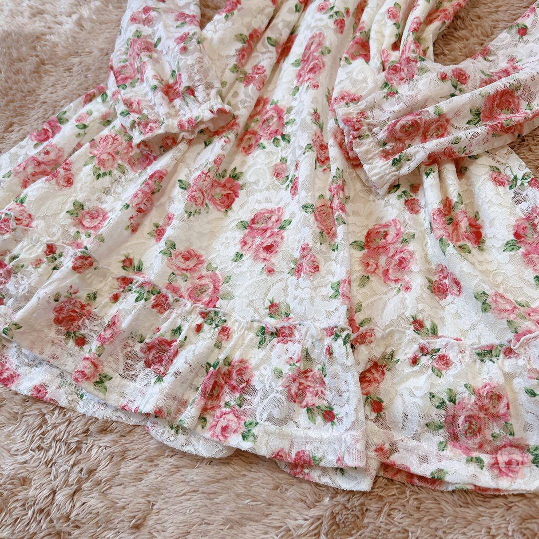 姫系♡ローズ柄総レース裾フリルミニワンピ オフショルにも♡アイボリー