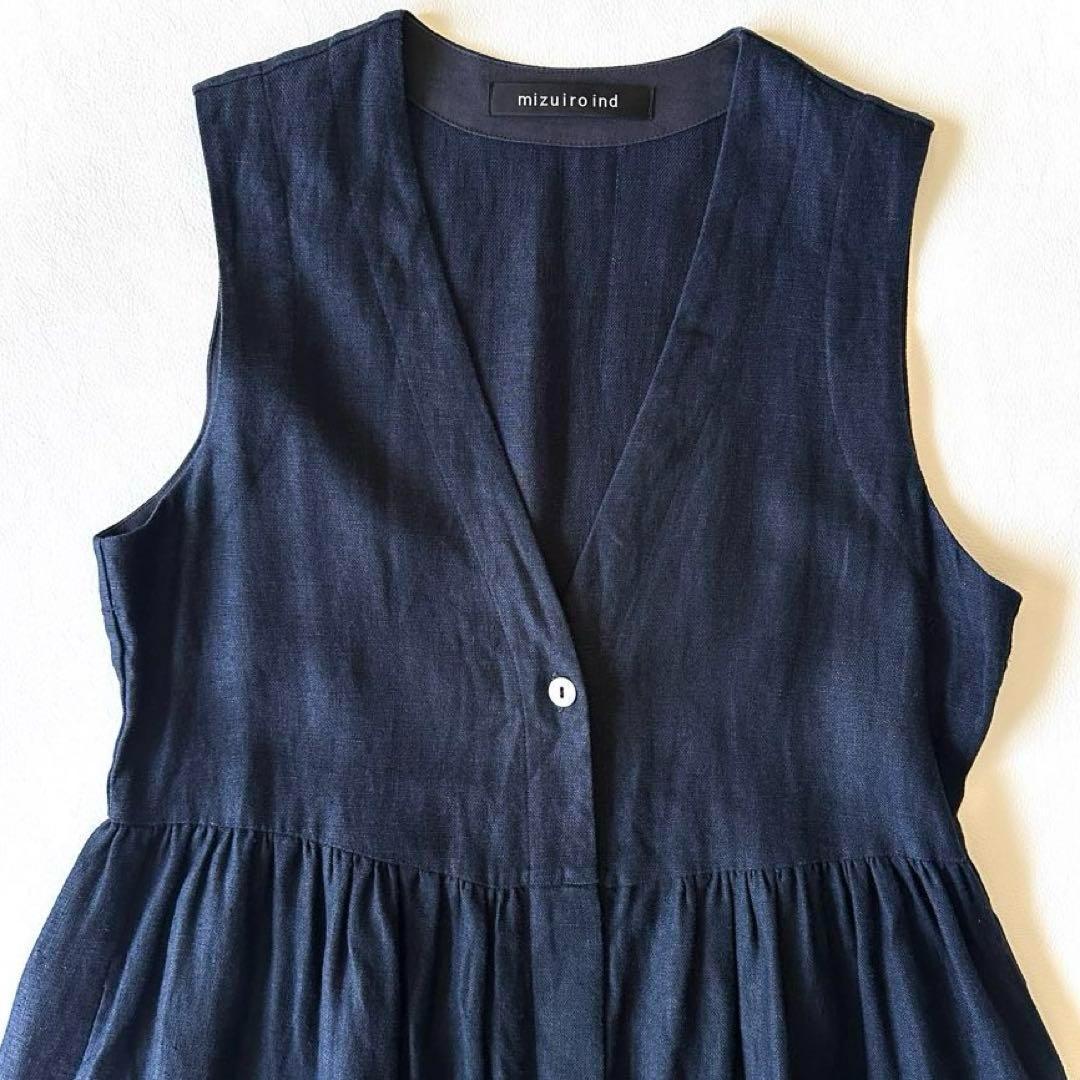 23SS美品 mizuiro ind リネン ジレワンピース ミズイロインド F