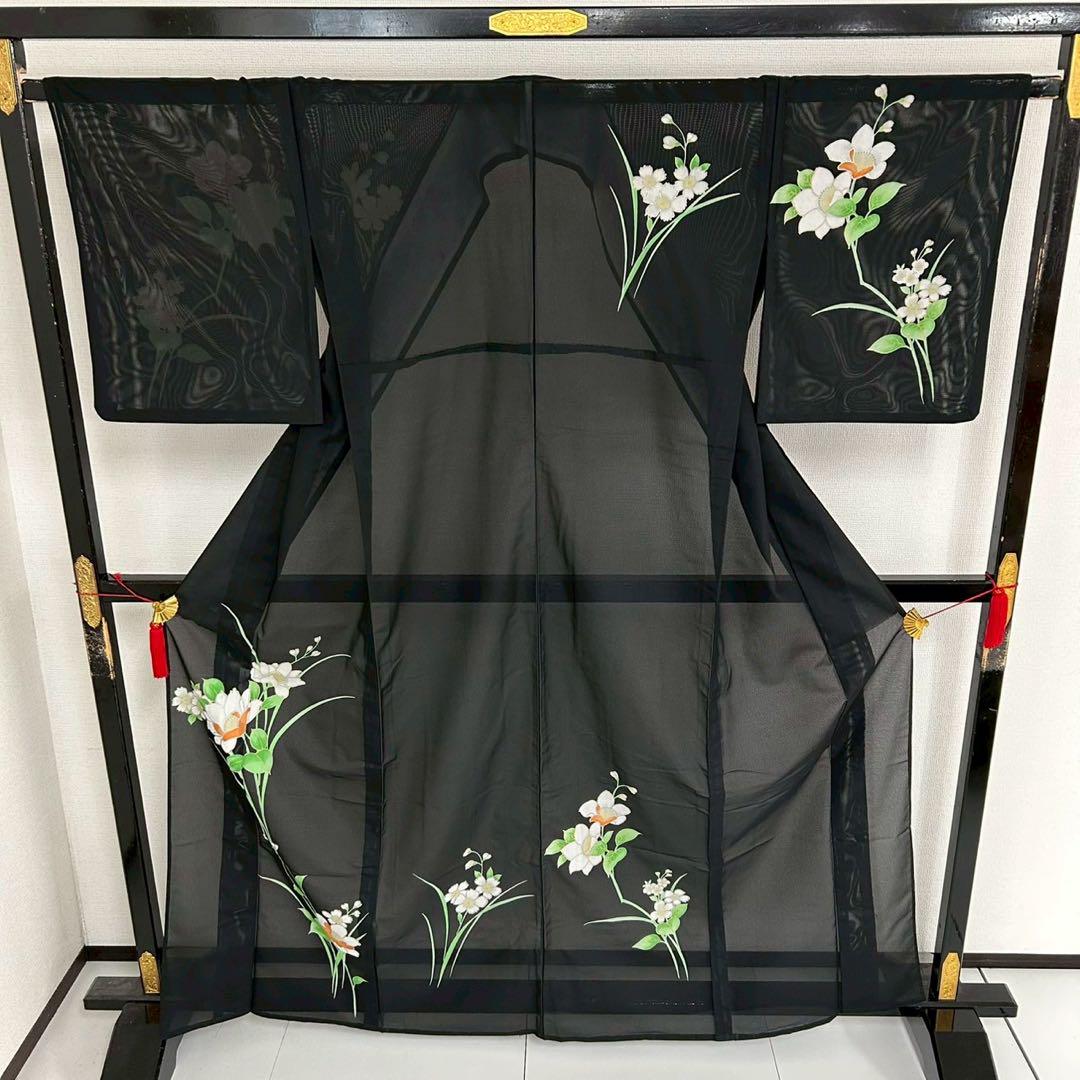 夏着物 洗える着物 絽 裄68 黒地に花柄 紋無し 付下げ 訪問着 T