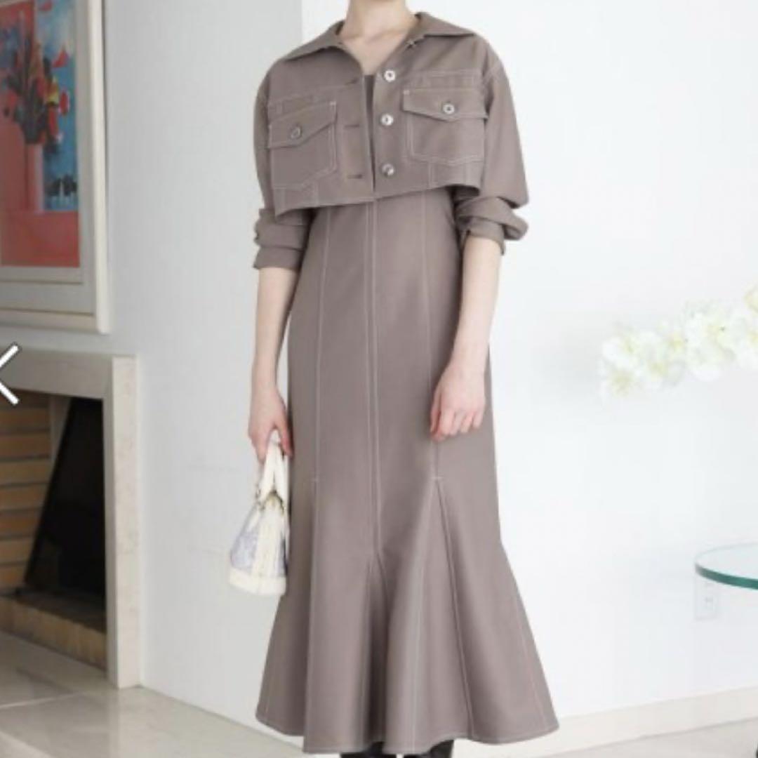 AND COUTURE ストレッチジャケット+ワンピースセットアップ ブラウン