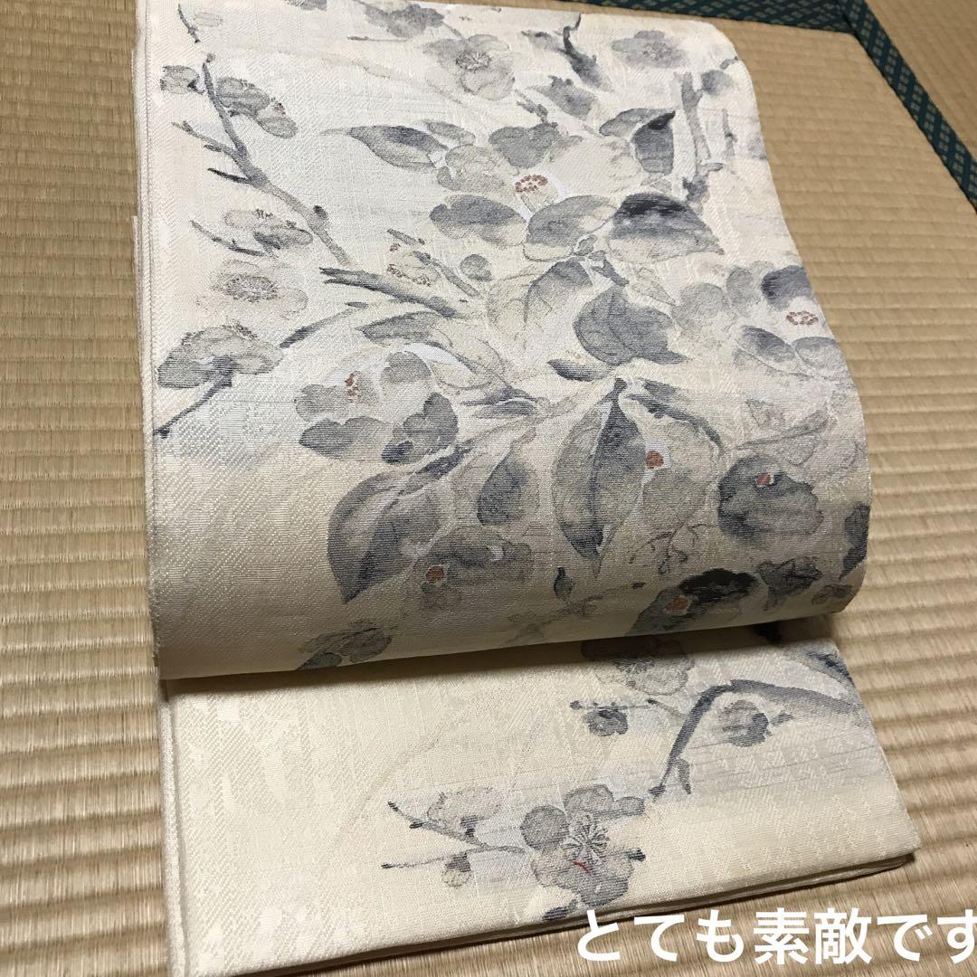 いいスタイル 手描き 白地 高級袋帯 極上のお品 墨絵 麻 絹 夏帯