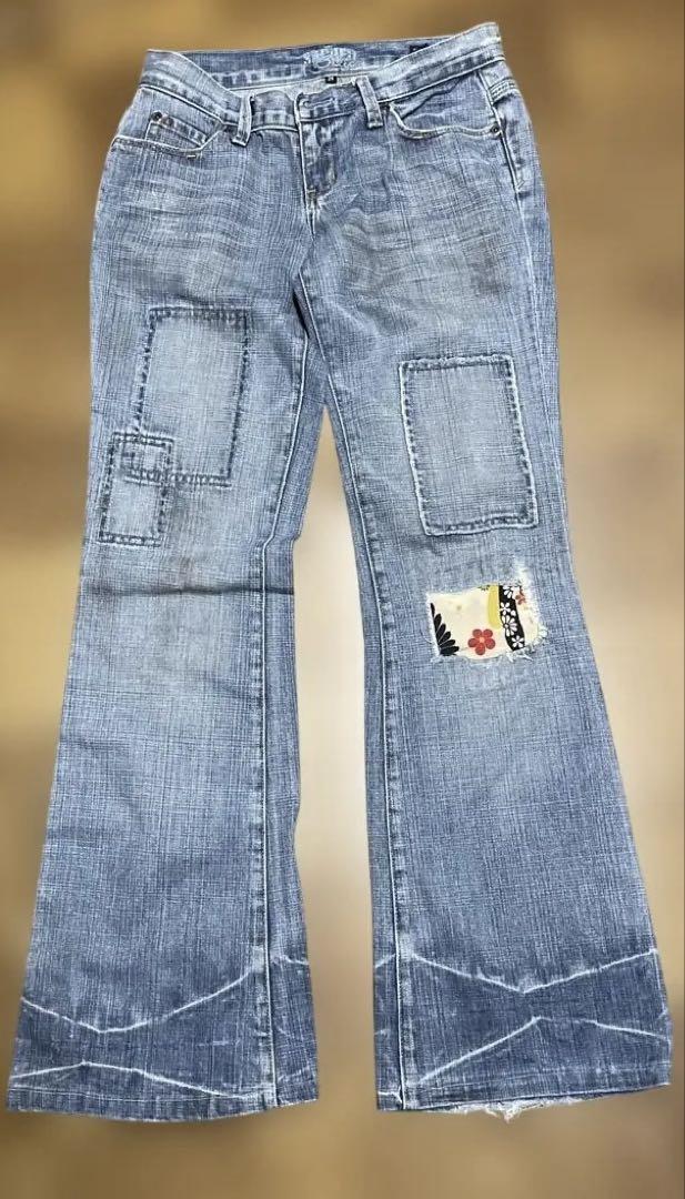 フレア パッチワーク ジーンズ ZARA ザラ ワイドフレアデニムジーンズパンツ 極太 インディゴ