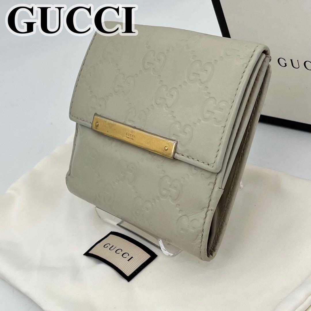 GUCCI 二つ折り財布 GG柄 シマレザー ゴールド金具 レザー オフホワイト