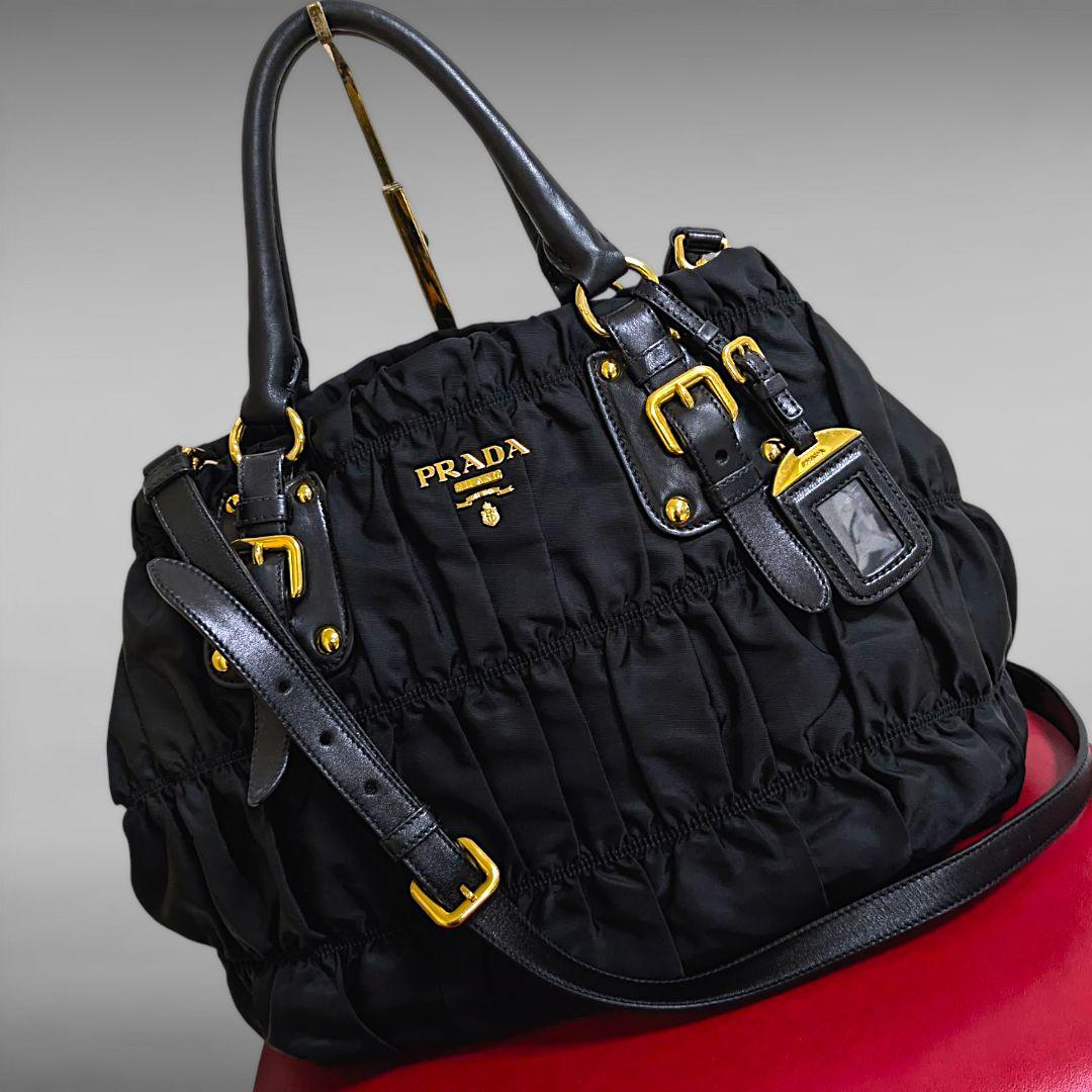 極美品 PRADA 2way ギャザー シャーリング ハンドバッグ ブラック