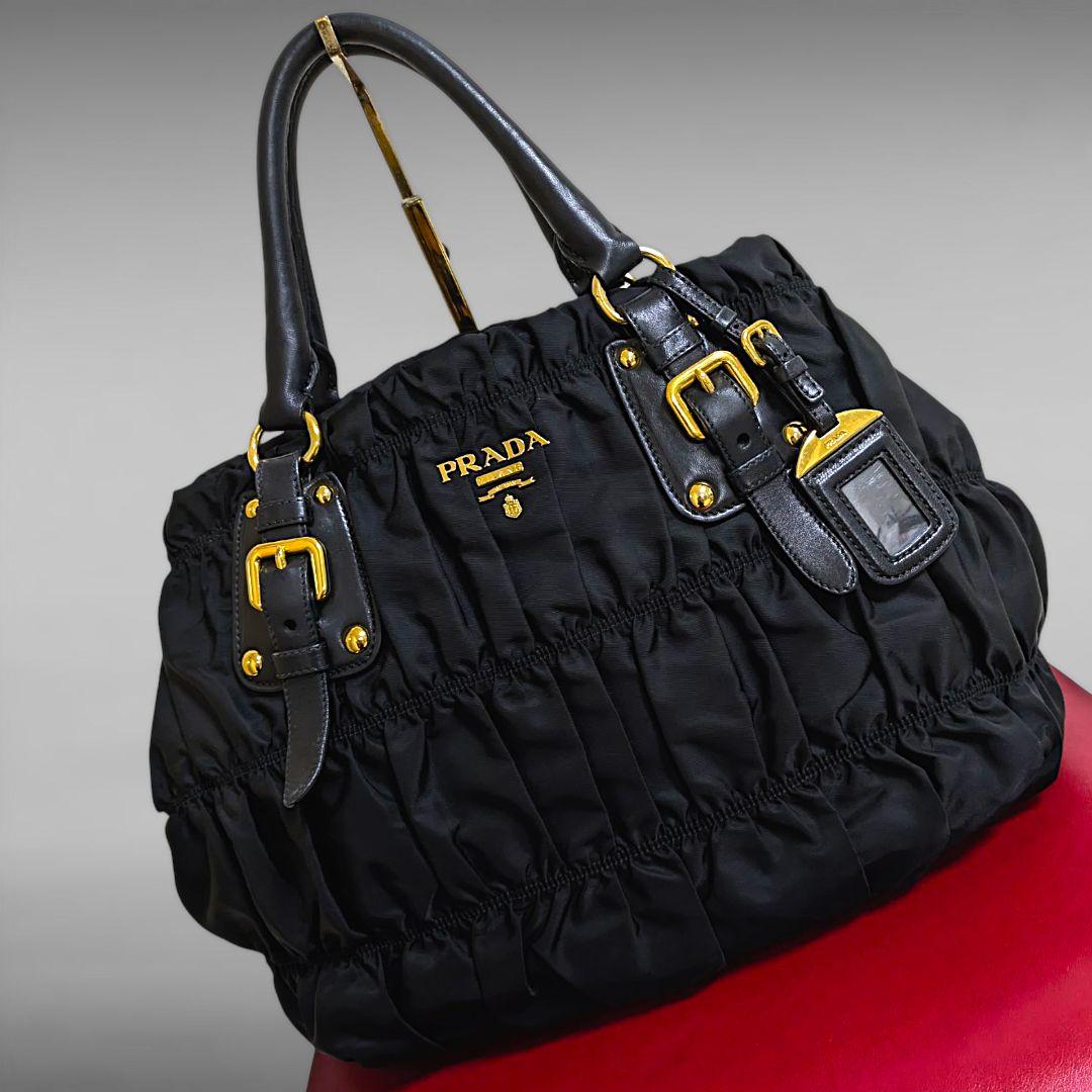 極美品 PRADA 2way ギャザー シャーリング ハンドバッグ ブラック