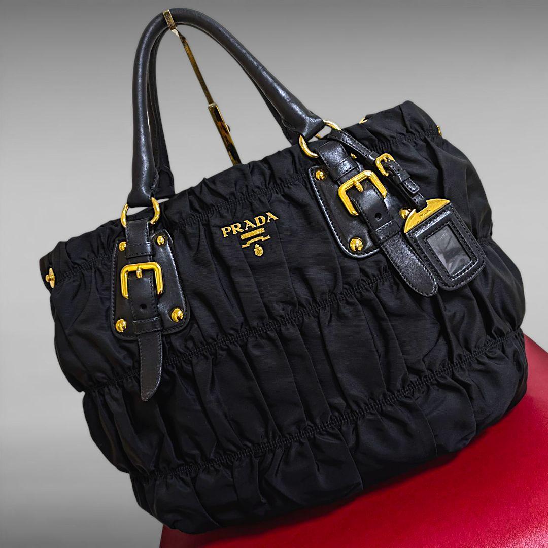 極美品 PRADA 2way ギャザー シャーリング ハンドバッグ ブラック