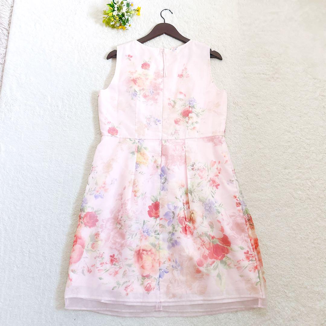 《美品》Rose Tiara オーガンジープリントワンピース 花柄 ピンク XL