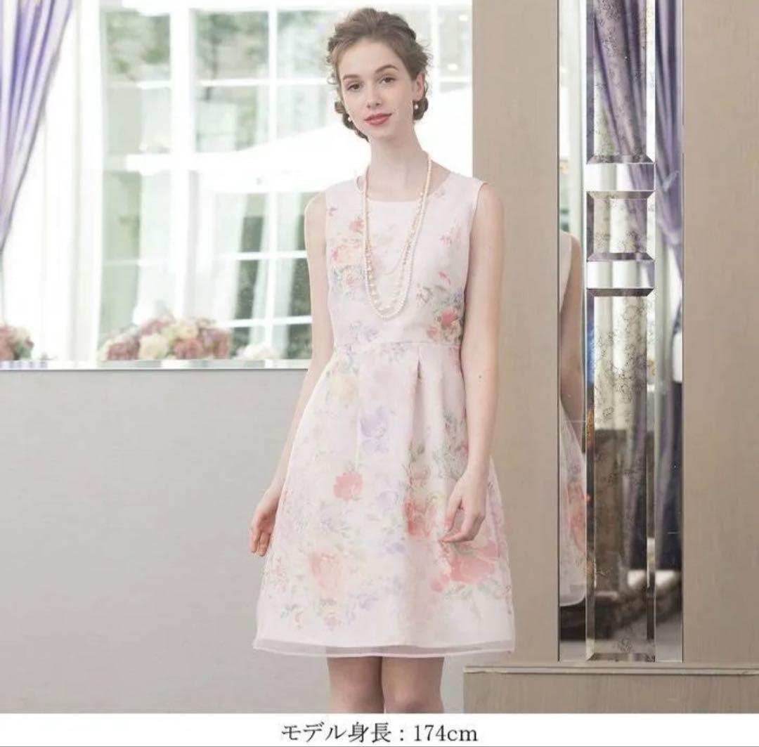 《美品》Rose Tiara オーガンジープリントワンピース 花柄 ピンク XL