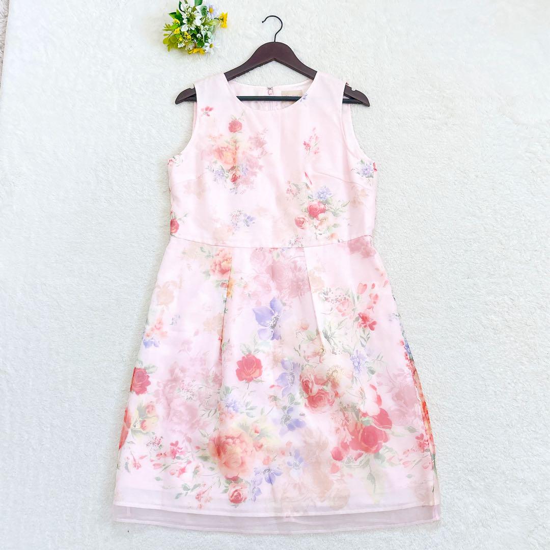 《美品》Rose Tiara オーガンジープリントワンピース 花柄 ピンク XL