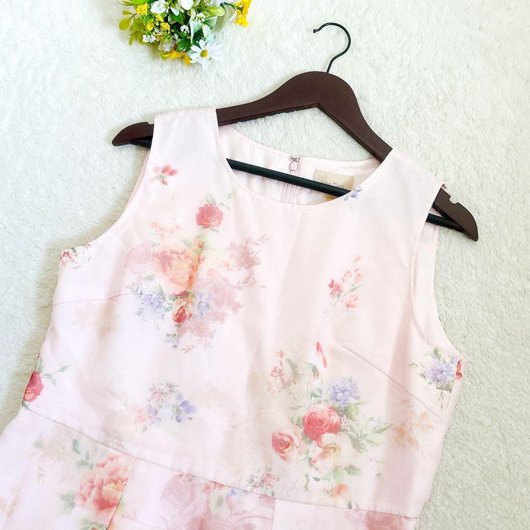 《美品》Rose Tiara オーガンジープリントワンピース 花柄 ピンク XL