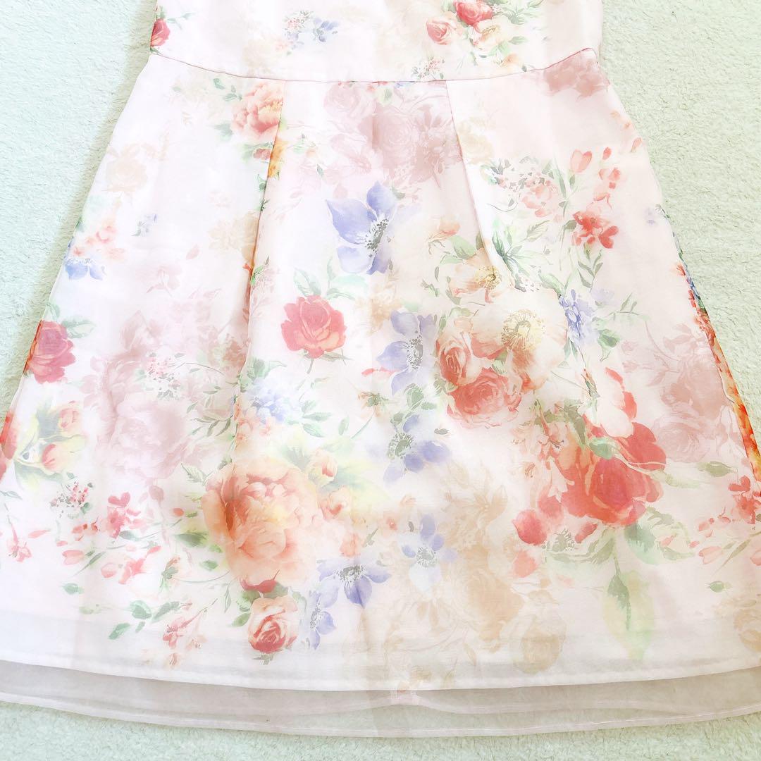 《美品》Rose Tiara オーガンジープリントワンピース 花柄 ピンク XL