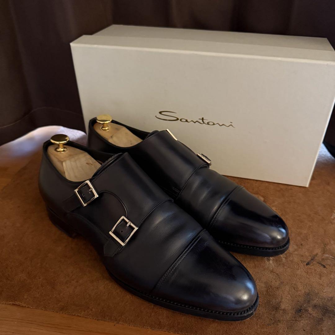 Santoni サントーニ ブラック ダブルモンクストラップシューズ
