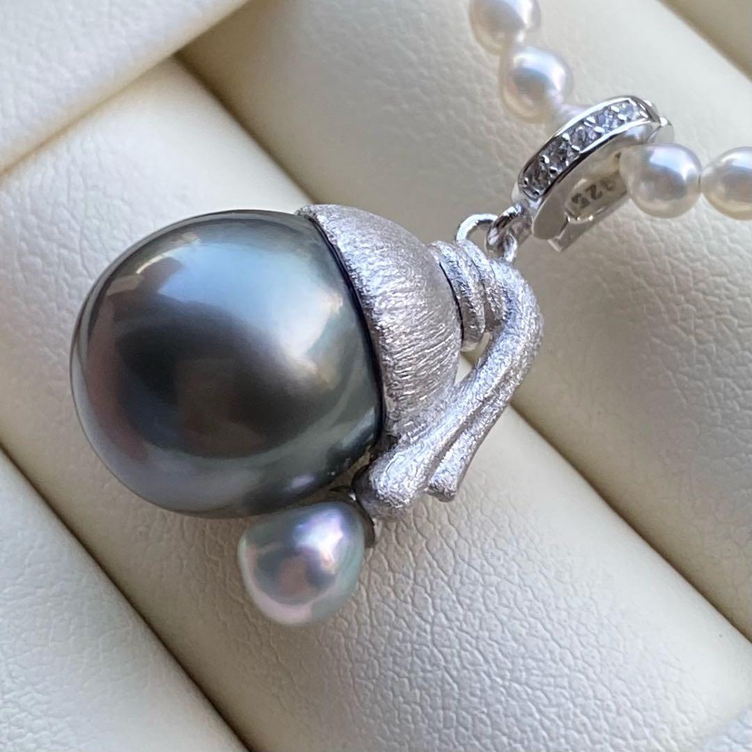 本真珠 南洋黒蝶真珠-あこや真珠ネックレストップ12mmダークグリーンPT826