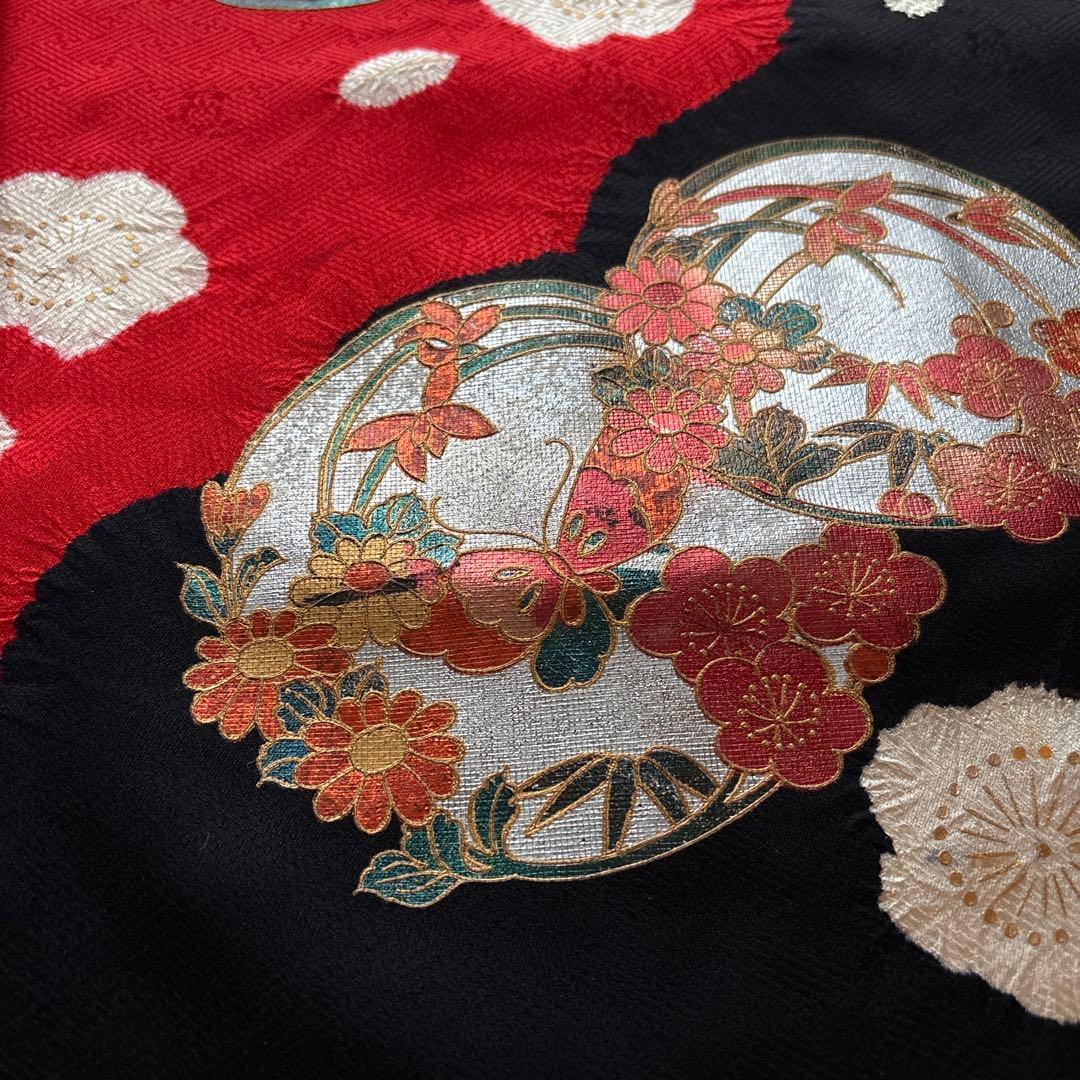 128 正絹　絞り　疋田　赤×黒 7歳 七五三着物セット　和装小物　結び帯