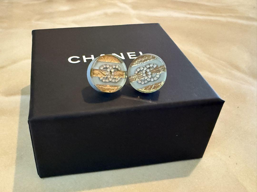 【CHANEL】シャネル ココマーク ラインストーン ピアス ブルー ボーダー
