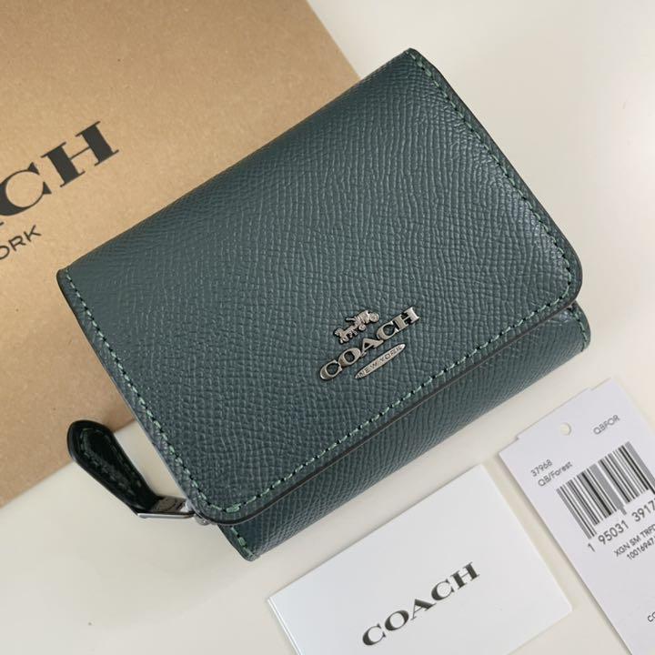 注目 Coach コーチ 折り財布 ダークグリーン 緑色 三つ折り財布 折り財布