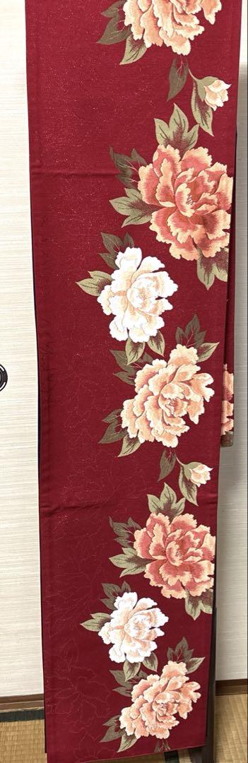 中古美品 緋色 牡丹柄袋帯 6,000円