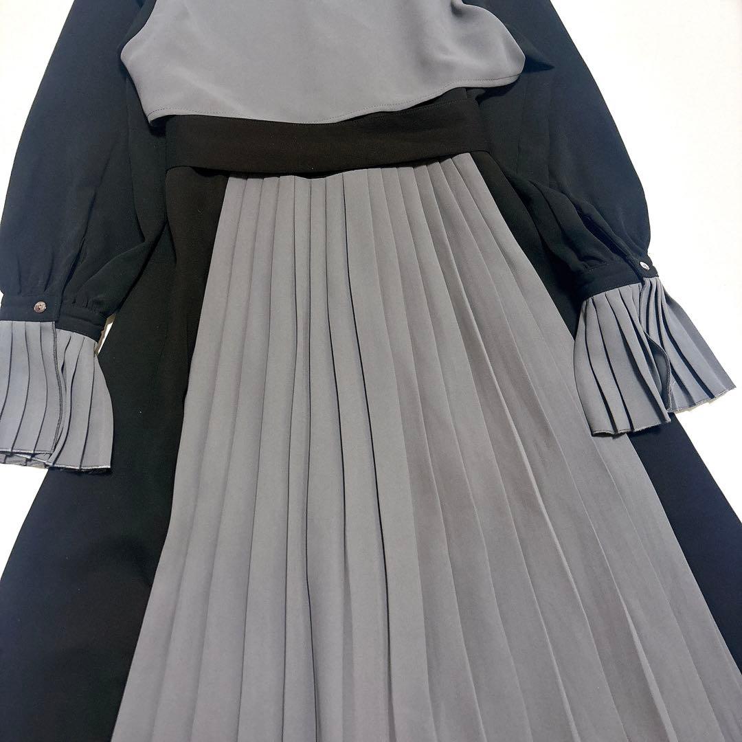 HARE 袖プリーツ切替ワンピース モノトーン ロング マキシ丈 ベルト付き
