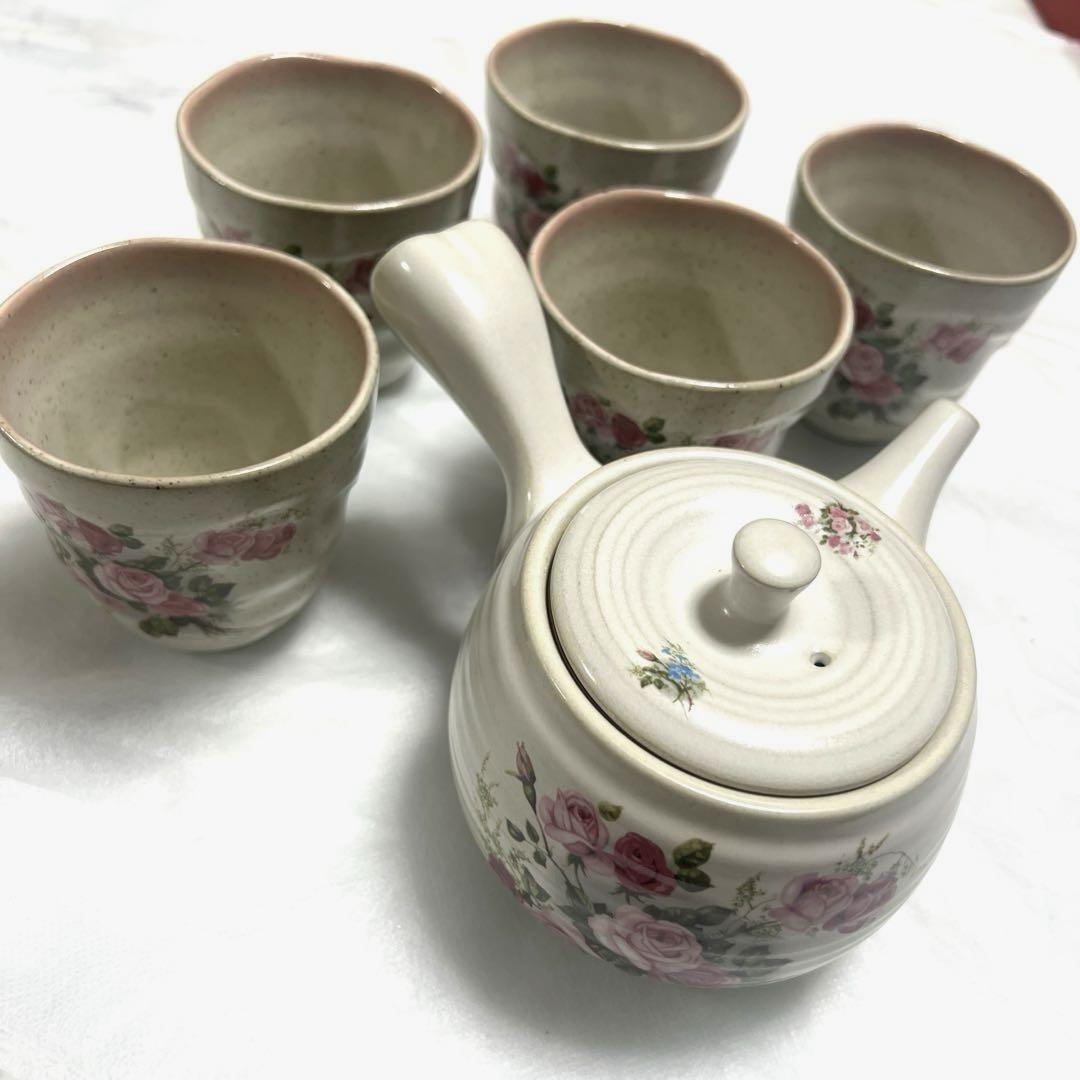 ローズ 陶器 茶こし付き急須と 湯のみ茶たくの6点セット