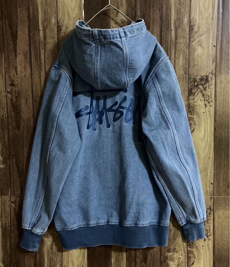 超希少！STUSSY ステューシー ビッグ刺繍ロゴ デニム ジップパーカー