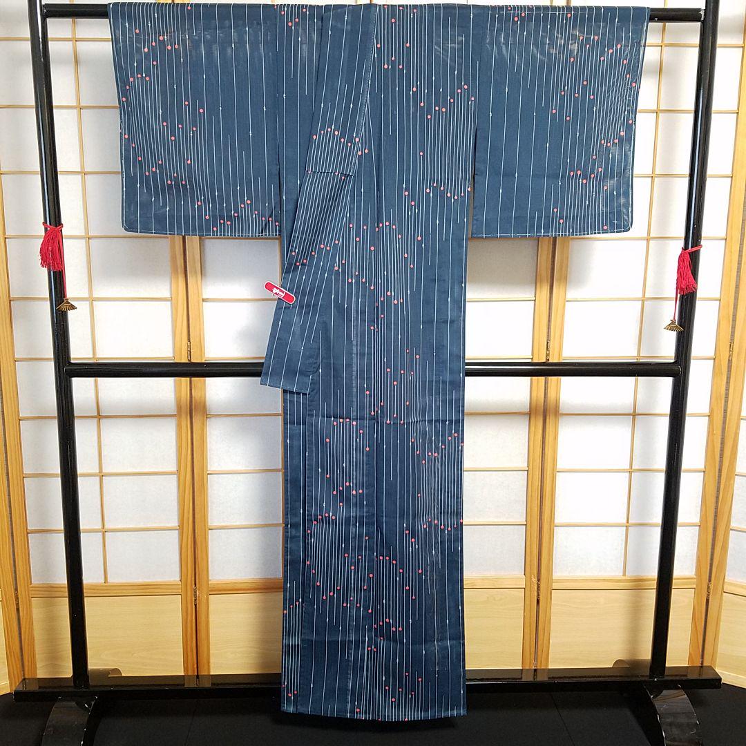 公式の店舗 M3239【着物と帯 京月花】□洗える着物/紺色提灯縞絽化繊ポリ 着物・浴衣