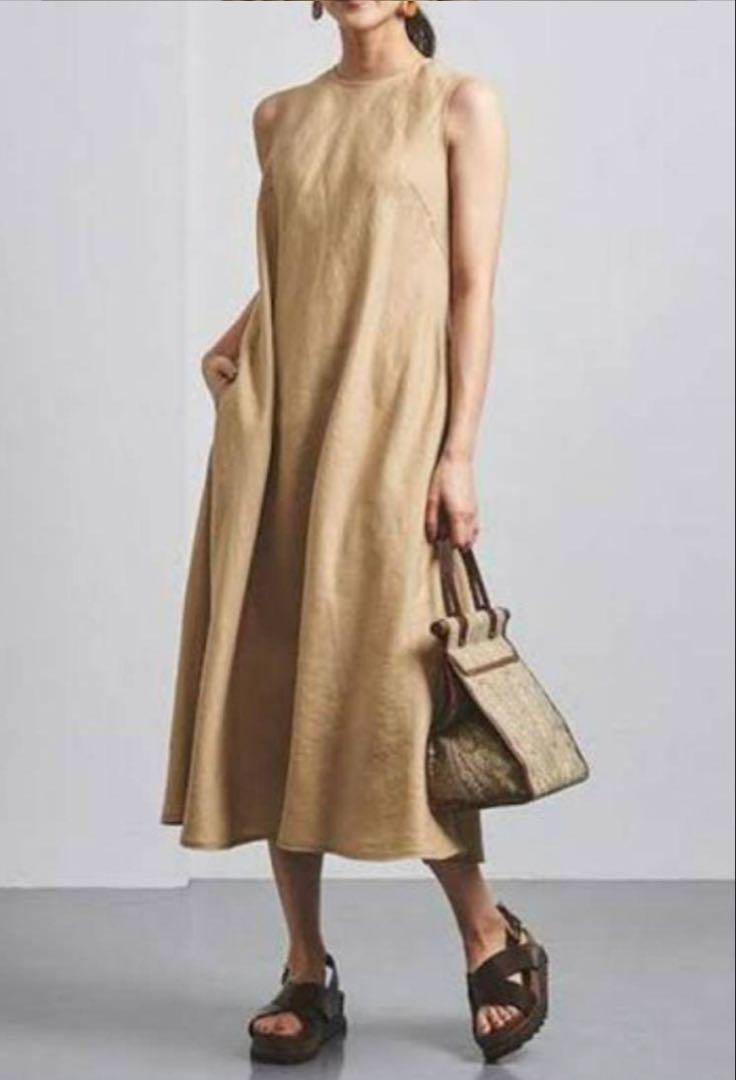 UNITED ARROWS ノースリーブセミフレアリネンワンピース36 ベージュ