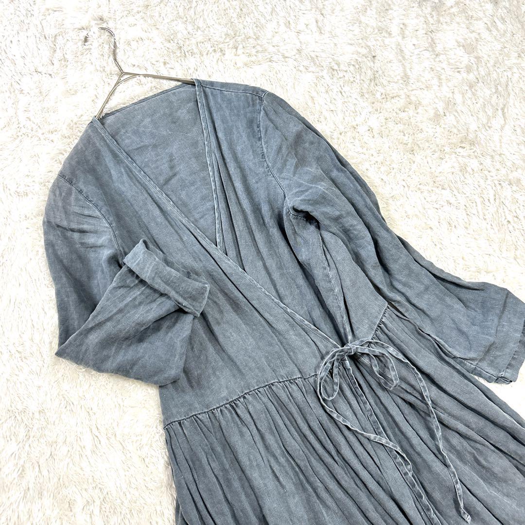ネストローブ リネン ロング ラップワンピース カシュクール ブルー