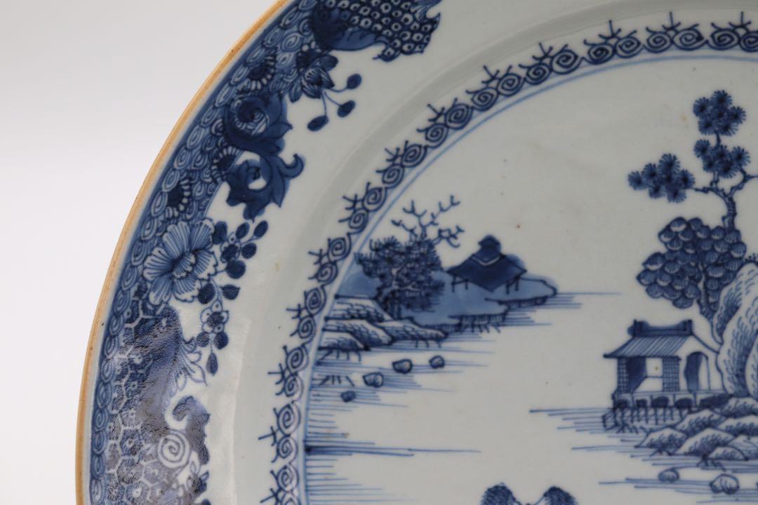 中国　清時代初期　染付　山水人物紋大皿　木箱付　送料込み250107