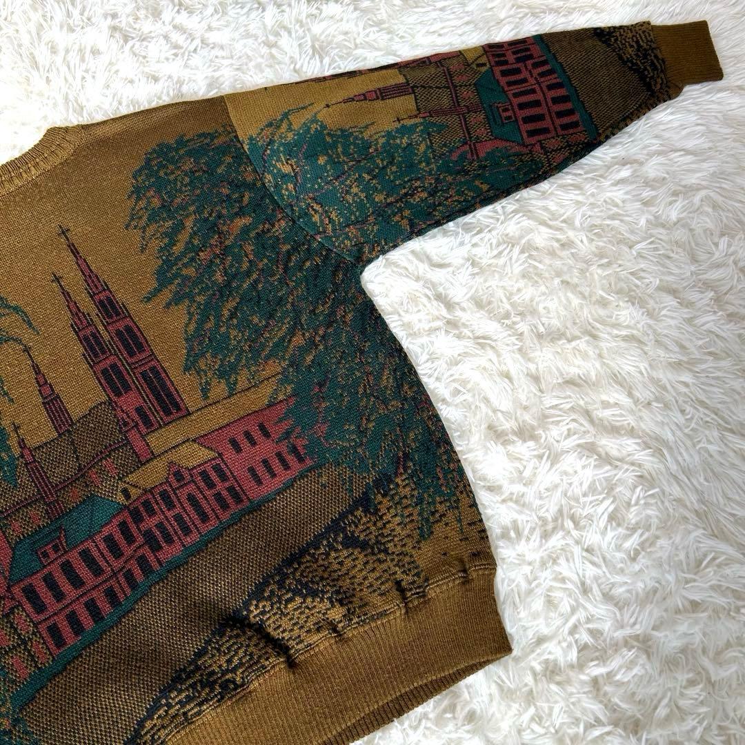 【激レア】L★Vintage ヴィンテージ ホース刺繍 街並み 総柄 長袖ニット 【激レア】L★Vintage ヴィンテージ ホース刺繍 街並み 総柄 長袖ニット