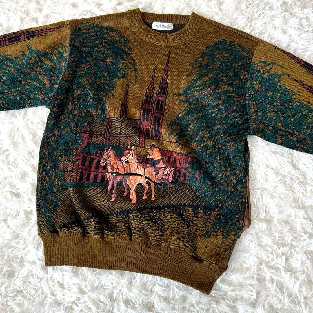 【激レア】L★Vintage ヴィンテージ ホース刺繍 街並み 総柄 長袖ニット 【激レア】L★Vintage ヴィンテージ ホース刺繍 街並み 総柄 長袖ニット